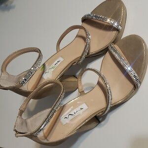 Nina Gold Rhinestone Strappy Leather Heels